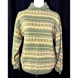 Vintage Mod Hipster Norway Sweater Green Yellow Fair Isle Norwegian Wool M